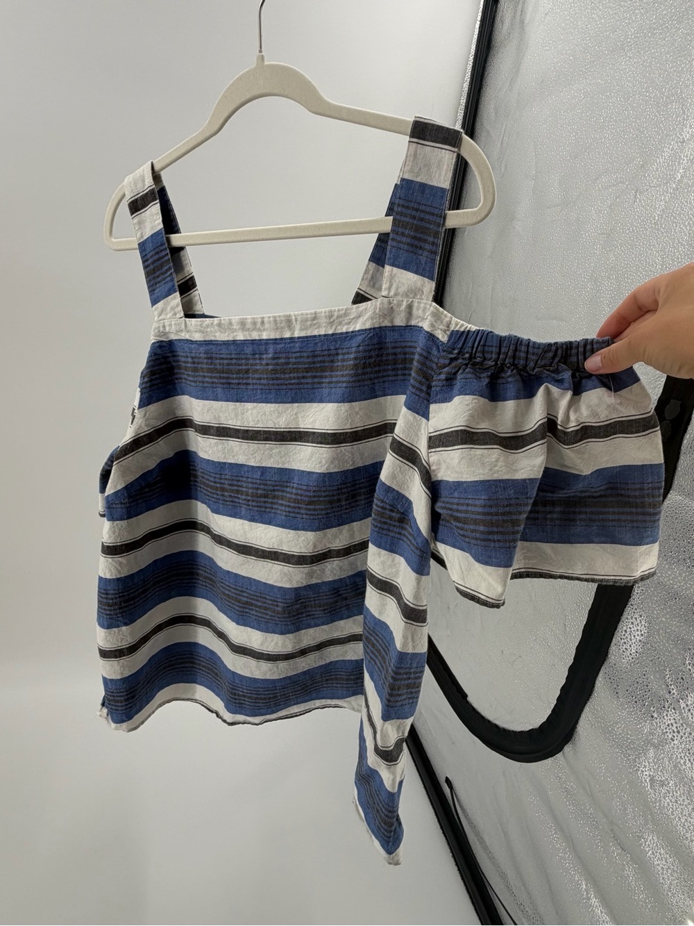 Lucky Brand Striped Blue &‎ White Linen Open Shoulder Top